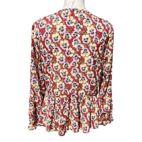 Madewell -565 Drawstring Ruffle-Hem Top Blouse in Viola Floral Burgundy Medium - Picture 4 of 10